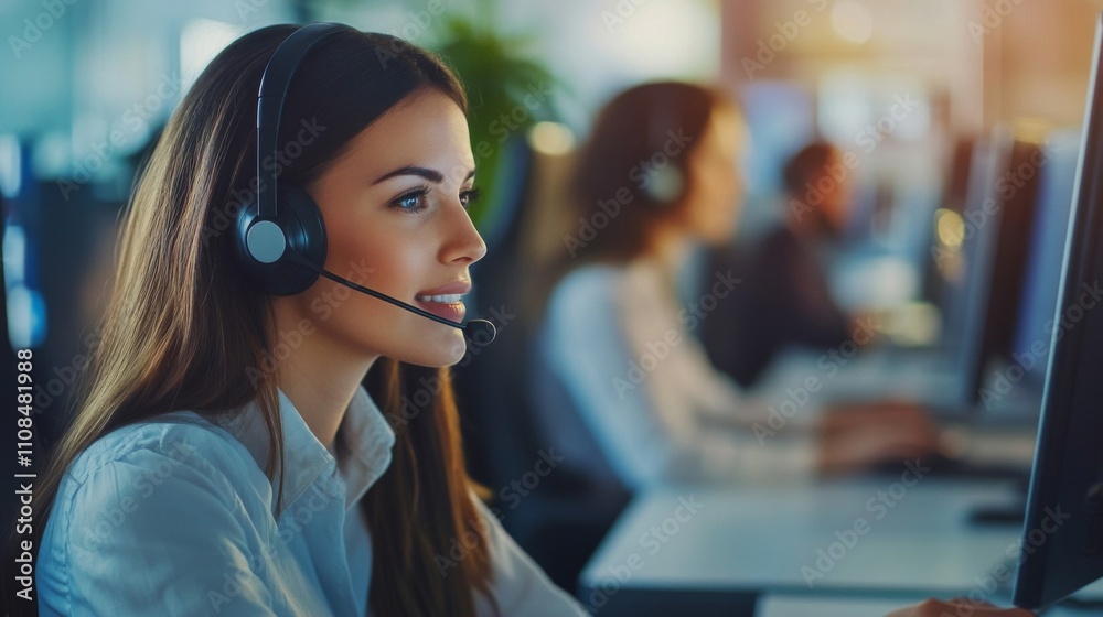 A Customer Service Representative Using a Headset While Working at a Computer A Customer Service Representative Using a Headset While Working at a Computer