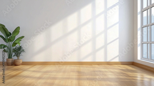 Modern empty room with wooden floor and large white plain wall