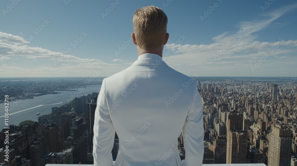 Fototapeta premium Man in White Suit Overlooking Cityscape from Skyscraper Rooftop