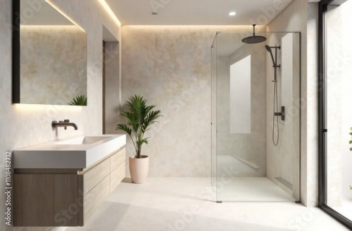 A refined bathroom with minimalist design, including a floating vanity, a walk-in rain shower, and elegant fixtures.