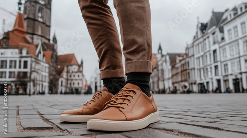 Fashionable Man in Brown Sneakers and Trousers Exploring a European Urban Street