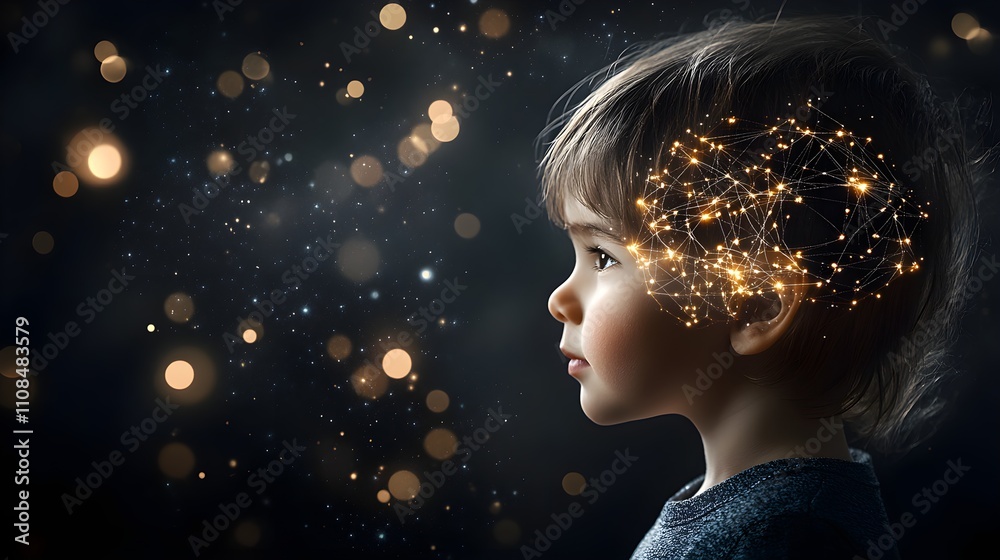 Child with a glowing, starry head against a dark background. Child with a glowing, starry head against a dark background.