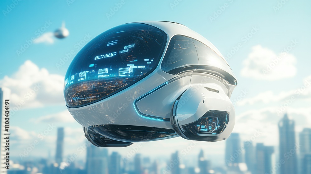 Fototapeta premium A futuristic flying vehicle glides above a cityscape, featuring a sleek design and advanced technology, set against a bright sky.