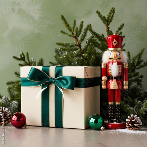 charming Christmas scene featuring a nutcracker and a wrapped gift box with green ribbon against a green background.