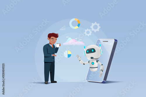 Businessman in relax manner ask AI robot analyzing business graph chart and report. Smart working with artificial intelligence technology analyzing business information and develop smart solution.
