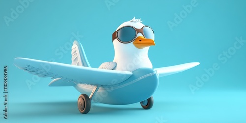 Soaring Seagull: A Majestic Bird in Flight with Aviator Goggles in a Small Plane Against Soft Blue Sky Background