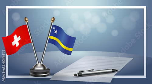 Switzerland and Curacao Small national flag on bokeh background, cooperative relationship