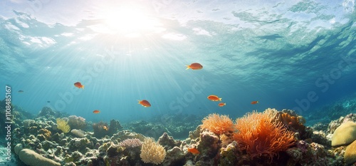 A vibrant coral reef landscape, teeming with colorful marine life, vivid corals in shades of orange, pink, and purple, schools of tropical fish swimming gracefully, sunlight streaming through clear tu photo