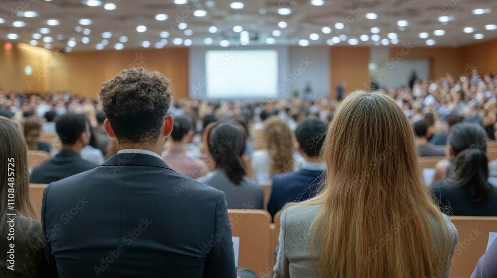 Fototapeta premium A Man and Woman Attending a Large Lecture in an Auditorium