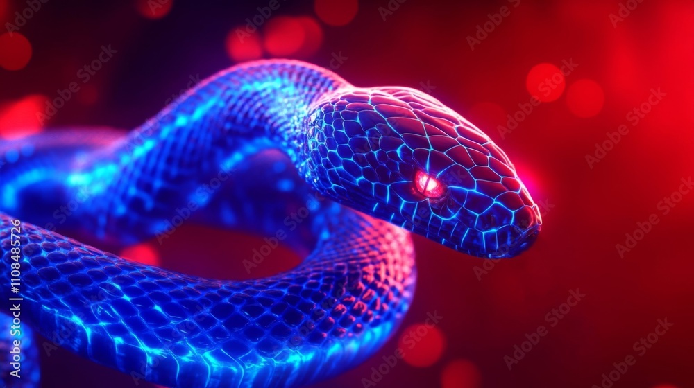 Glowing Blue Snake with Red Eye and Bokeh Background Glowing Blue Snake with Red Eye and Bokeh Background