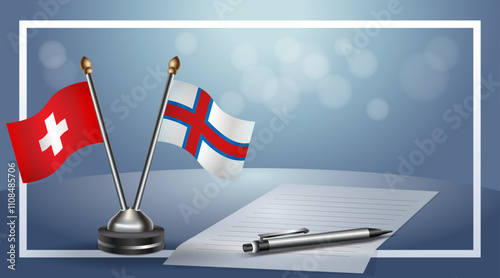 Switzerland and Faroe Islands Small national flag on bokeh background, cooperative relationship