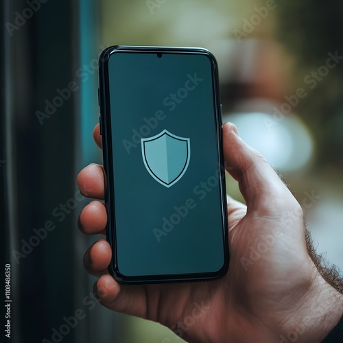 A hand holding a smartphone with a shield icon overlay, highlighting the importance of safety and privacy in online dating and digital communication. photo