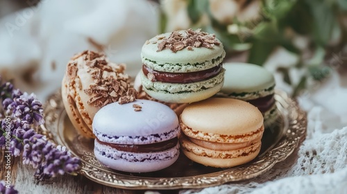 Delightful French Macarons: Assorted Flavors & Colors on Gold Tray