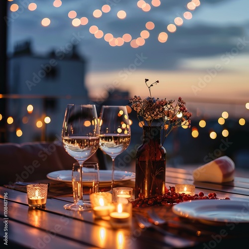 Romantic dinner setup including wine glasses and candles on a rooftop terrace for Valentine's Day.