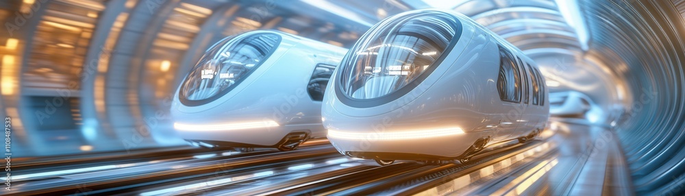 Obraz premium Two sleek, futuristic trains glide through a high-tech tunnel, illuminated by soft blue lights, embodying advanced transportation technology.