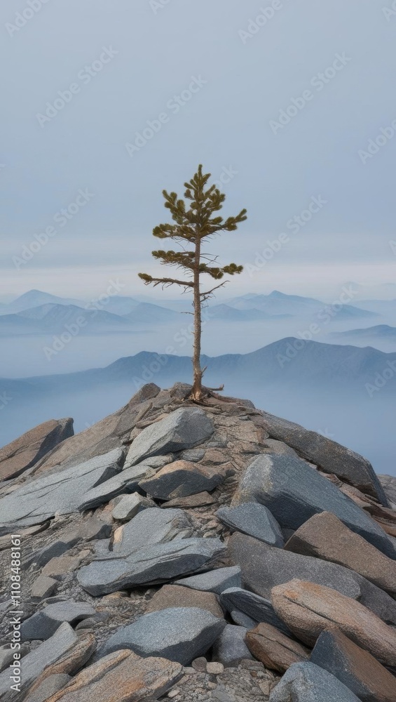 Obraz premium A small tree stands alone.A solitary tree stands atop a rocky mountain peak, surrounded by misty blue mountains, creating a serene and tranquil landscape.