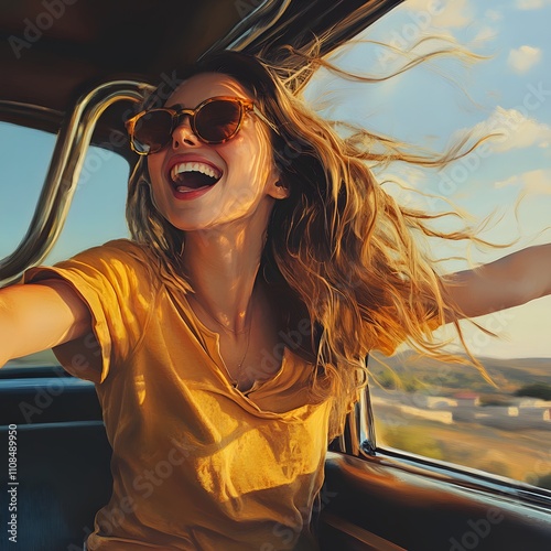 A joyful scene of a woman enjoying a summer road trip, capturing the essence of freedom and adventure with scenic landscapes and a carefree spirit. photo