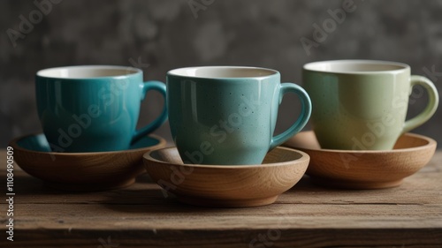 Wallpaper Mural Here's a description and keywords for your image.. Three pastel-colored mugs on wooden saucers, rustic setting. Torontodigital.ca