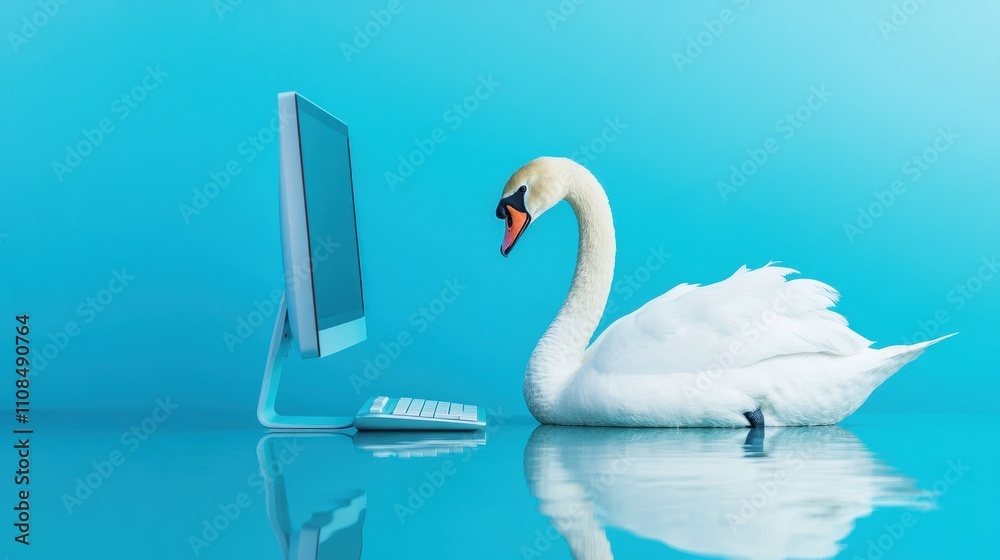 Obraz premium Serene Swan Using Computer Mouse with Blue Background
