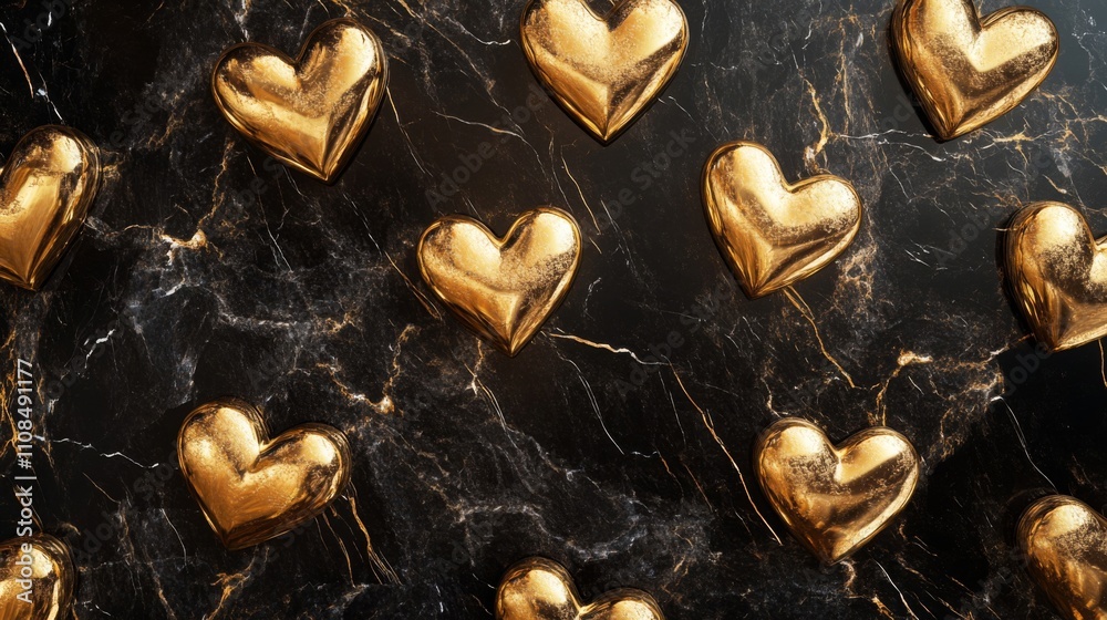 Fototapeta premium Golden Hearts on Black Marble Background
