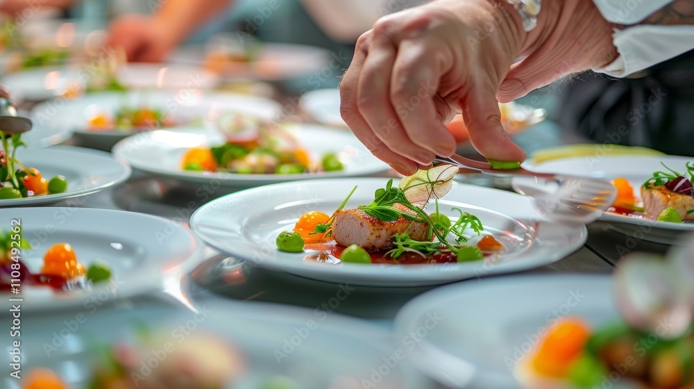 Soft focus on a participant meticulously plating their dish paying careful attention to presentation. Soft focus on a participant meticulously plating their dish paying careful attention to presentation.