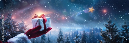 Snowflakes and gifts on the table, with an open red and white gift box, from which large glowing fireflies are flying. The background is blue, with space available for text or advertising