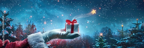 Snowflakes and gifts on the table, with an open red and white gift box, from which large glowing fireflies are flying. The background is blue, with space available for text or advertising