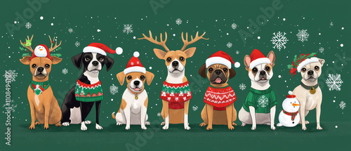 A group of cute dogs wearing Christmas sweaters and deer antlers, standing in front of snowflakes on a green background, generative AI