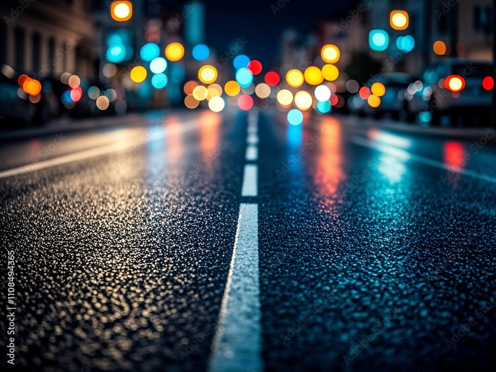 Turning asphalt road with marking lines and reflections with colorful unfocused lights on a background