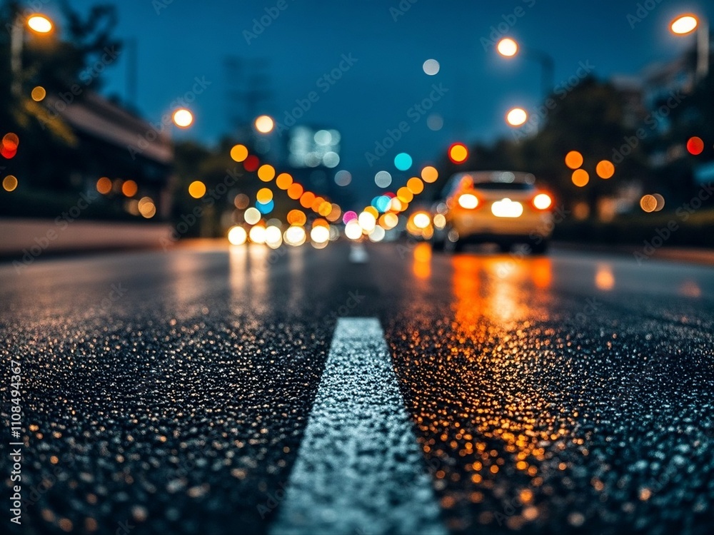 Turning asphalt road with marking lines and reflections with colorful unfocused lights on a background