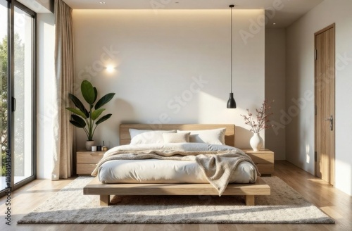 A modern bedroom with minimalist touches including a platform bed, simple decor and a soothing color scheme.