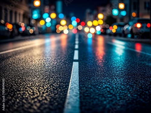 Obraz na płótnie Turning asphalt road with marking lines and reflections with colorful unfocused lights on a background w salonie