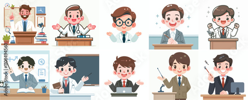 Vector set of a happy lecturer with a simple flat design style