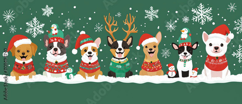 A group of cute dogs wearing Christmas sweaters and deer antlers, standing in front of snowflakes on a green background, generative AI
