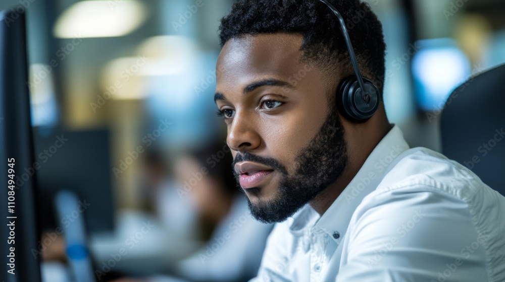 Obraz premium Concentrated Black Man Wearing Headset in Office Setting