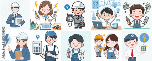 Vector set of a happy Electrical Engineer with a simple flat design style