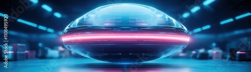 A futuristic, hovering orb with glowing neon lights in a high-tech environment, creating a sci-fi atmosphere. photo