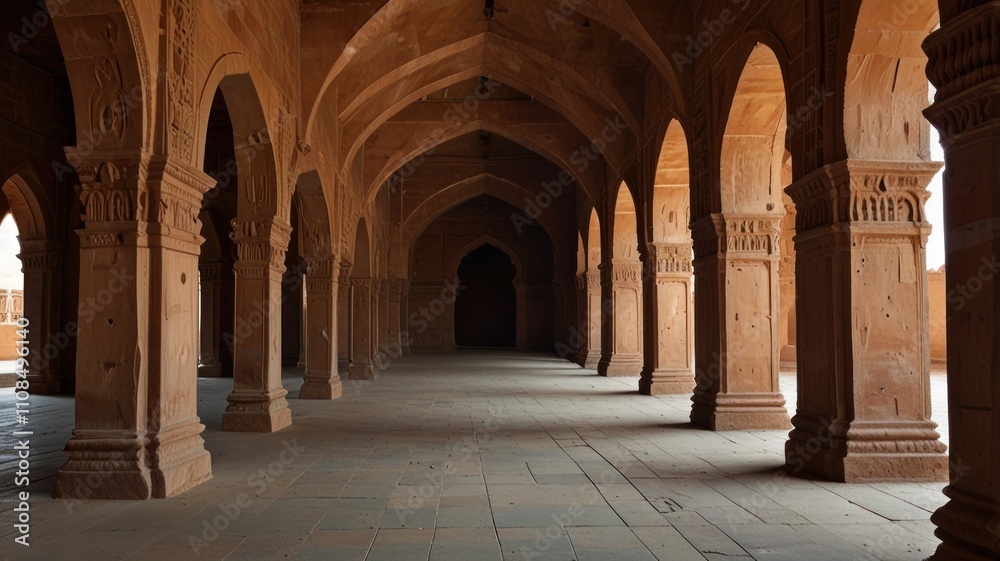 Obraz premium Here's a possible and keyword list for your stock photo... Ancient sandstone corridor with arched colonnade.