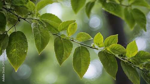 Close-up of green leaves on a branch with a blurred background.