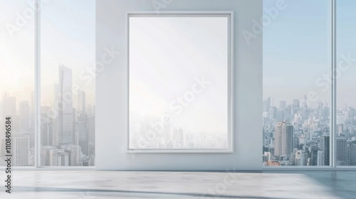 Modern Interior with Cityscape View and Blank Frame