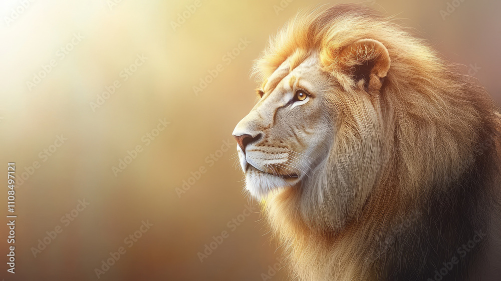 Fototapeta premium Majestic lion gazing into distance, showcasing its powerful mane