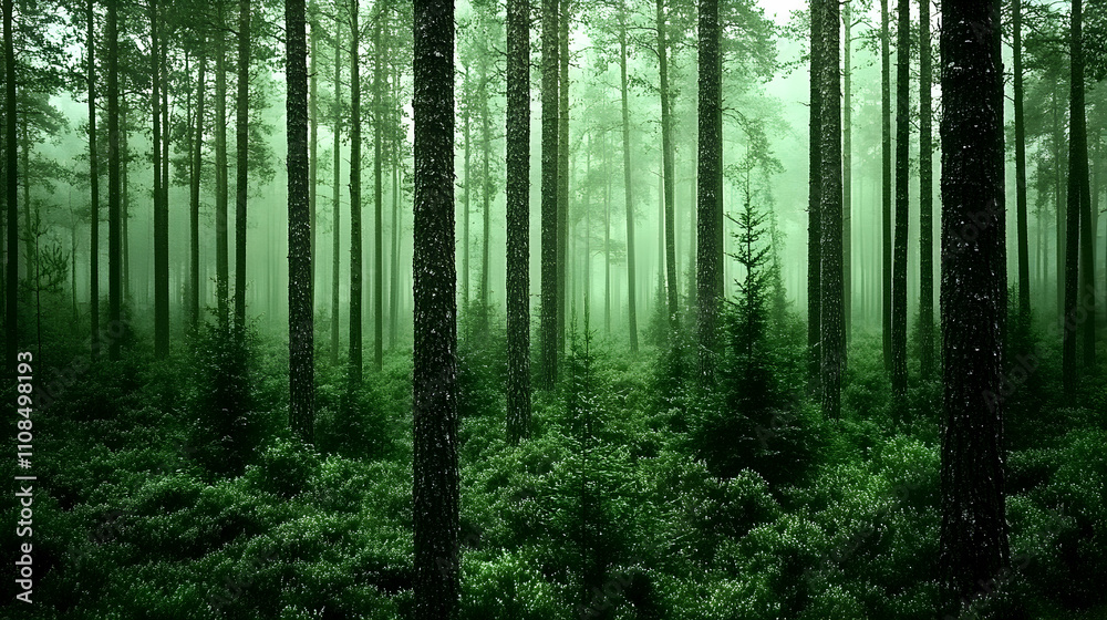 Fototapeta premium Lush Green Forest with Tall Trees and Misty Atmosphere