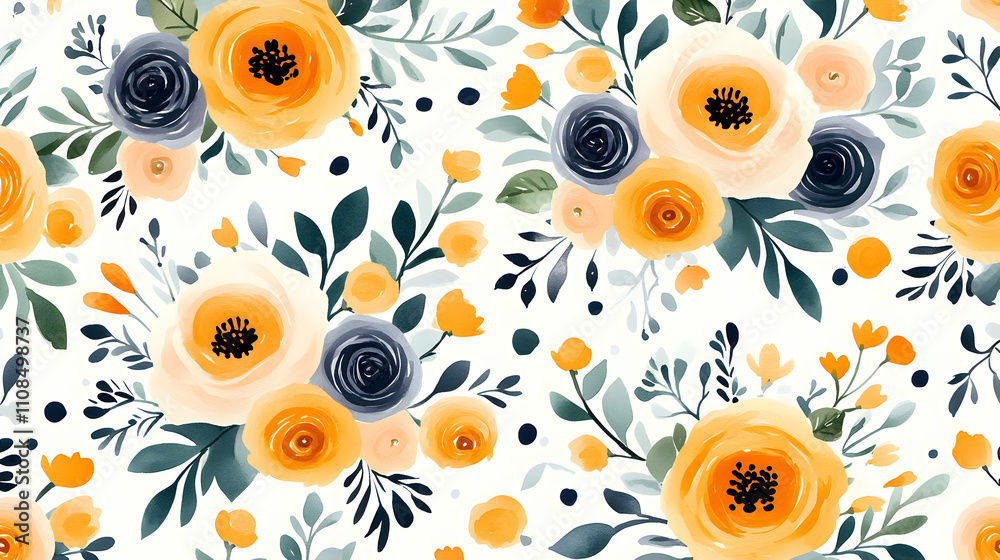 Fototapeta premium Beautiful Floral Pattern with Yellow and Blue Flowers on White Background