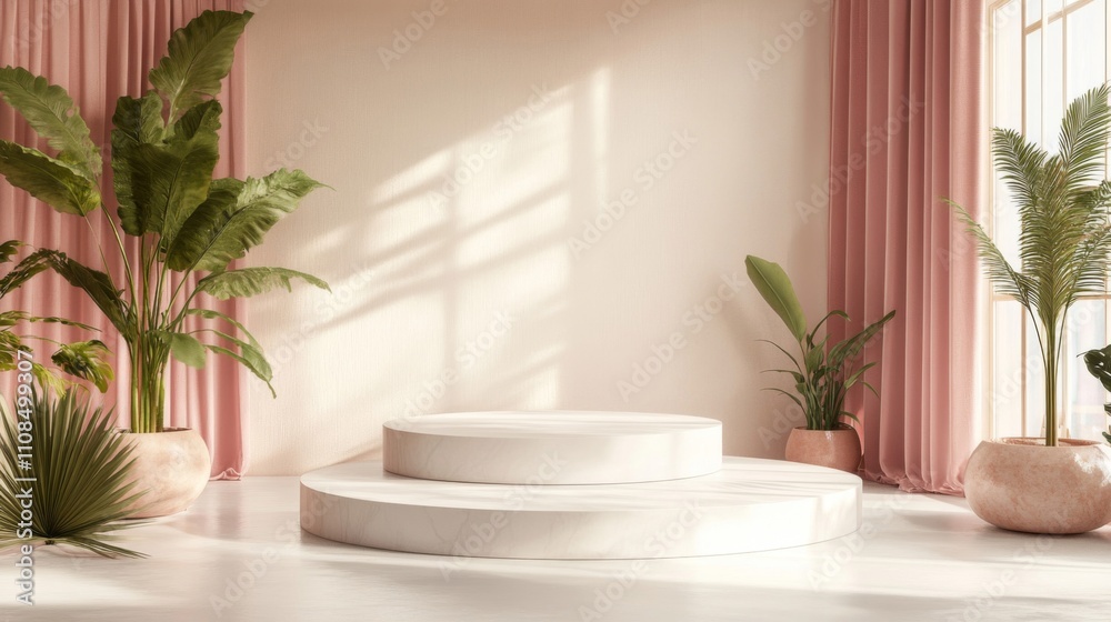 Fototapeta premium White Marble Platform in a Room with Pink Curtains and Tropical Plants
