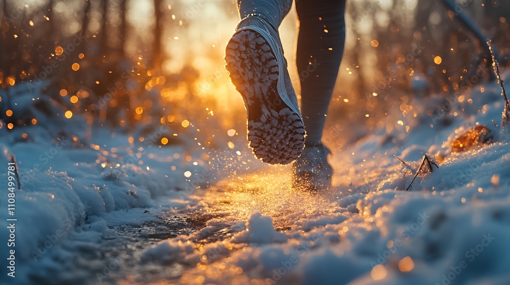Close-up of a runner’s feet kicking up fresh snow on a trail in a winter forest, sparkling frost and icy textures illuminated by soft sunlight, photorealistic detail, dynamic and vibrant. --ar 16:9 Close-up of a runner’s feet kicking up fresh snow on a trail in a winter forest, sparkling frost and icy textures illuminated by soft sunlight, photorealistic detail, dynamic and vibrant. --ar 16:9