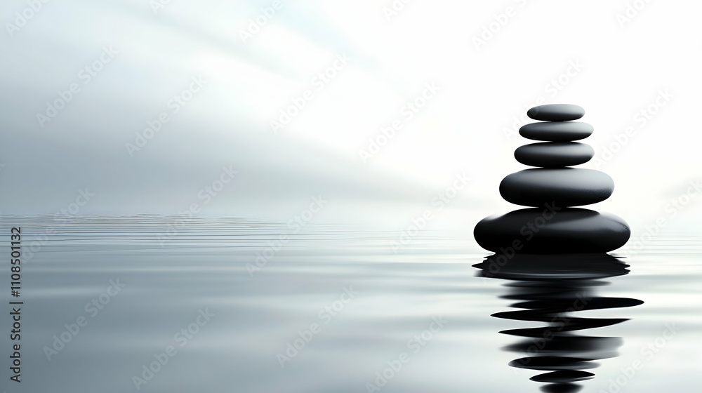 Tranquil Stacked Stones on Reflective Water Surface in Soft Light Tranquil Stacked Stones on Reflective Water Surface in Soft Light