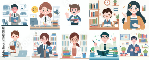 Vector set of a happy librarian with a simple flat design style