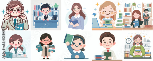 Vector set of a happy librarian with a simple flat design style