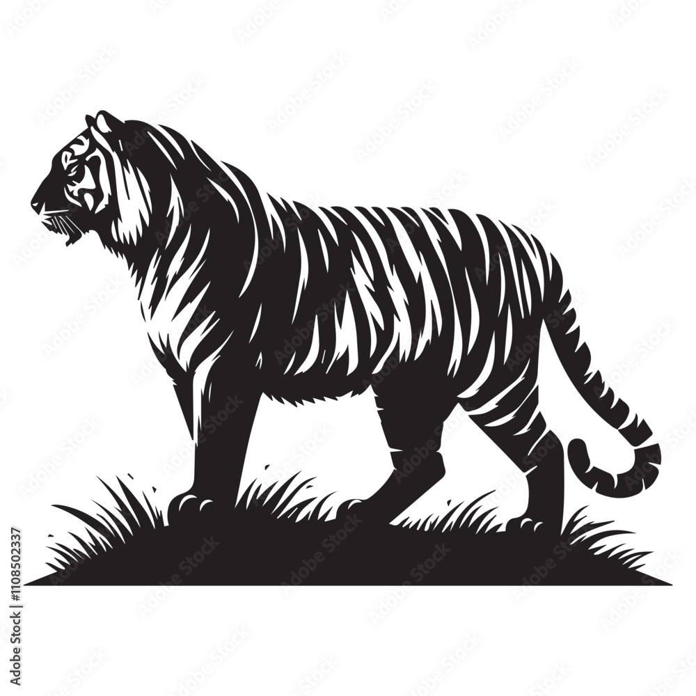Obraz premium vector silhouette of a tiger on a white background. tiger illustration, tiger animal, tiger vector silhouette. Tiger Full Body Black and White Vector