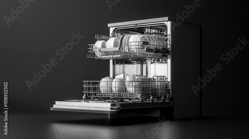 Modern Dishwasher Interior with Clean Dishes and Utensils Displayed, Featuring an Open Design and Elegant Stainless Steel Finish Ideal for Kitchen Usage